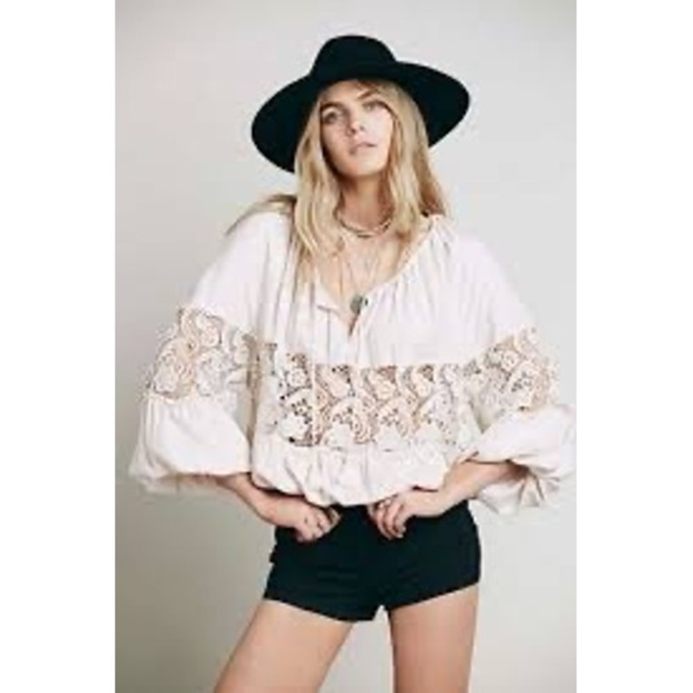 Free People‎ Boho Lace Peasant Blouse Pink Small Tassel Tie - Picture 2 of 12